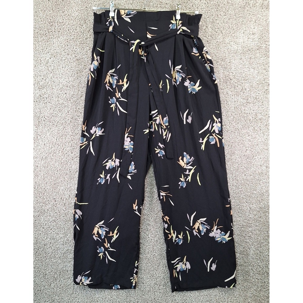 A New Day Pants Women XL Wide Leg Floral Paperbag Waist Belted Boho Casual